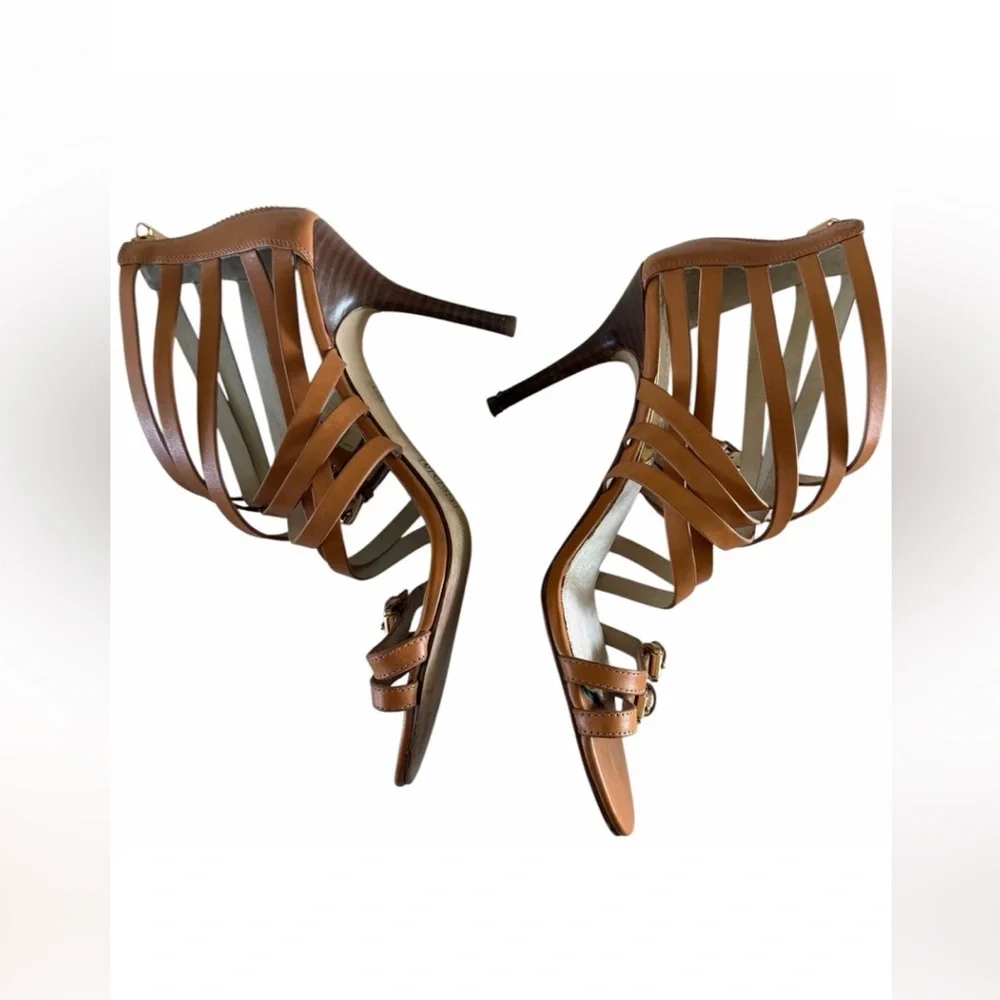 Michael Kors Brown Leather Strappy Stiletto Heels Sandals Size 10 Buckle Zip